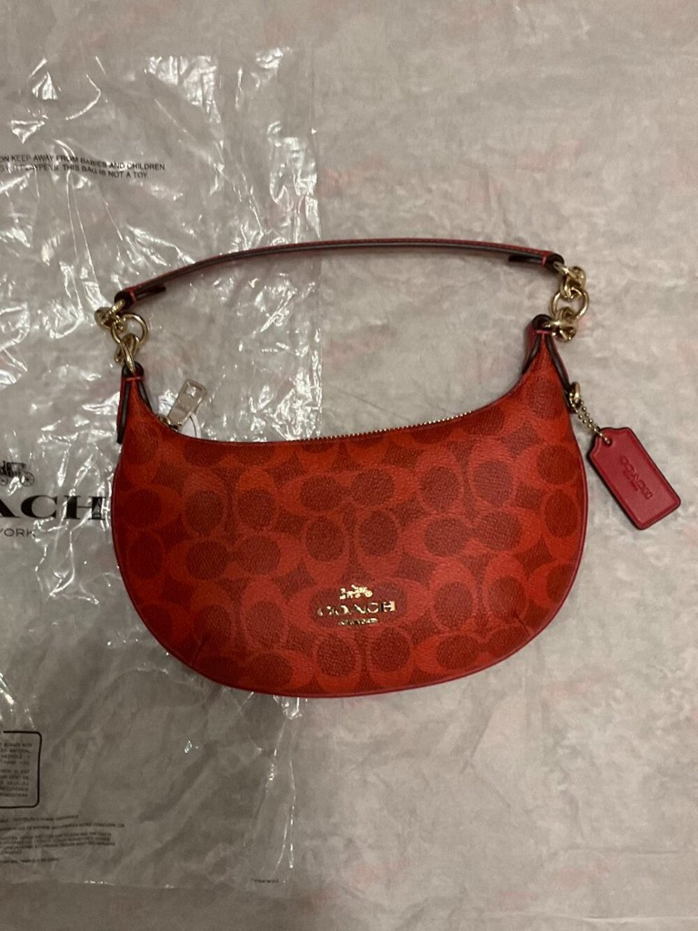 COACH mini payton bag in signature canvas. gold /crimson. item # cel06.